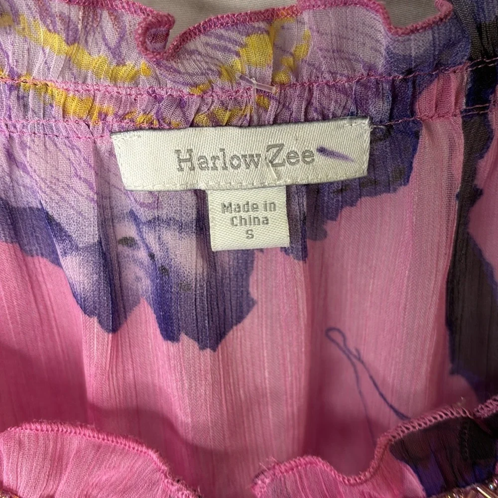 Harlow Zee Boho Beaded Pink Floral Top Blouse Small